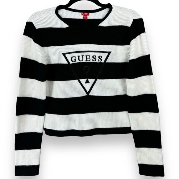 Guess Pullover Striped Knit Sweater XS Extra Small Women’s Black White Crewneck - Picture 1 of 12